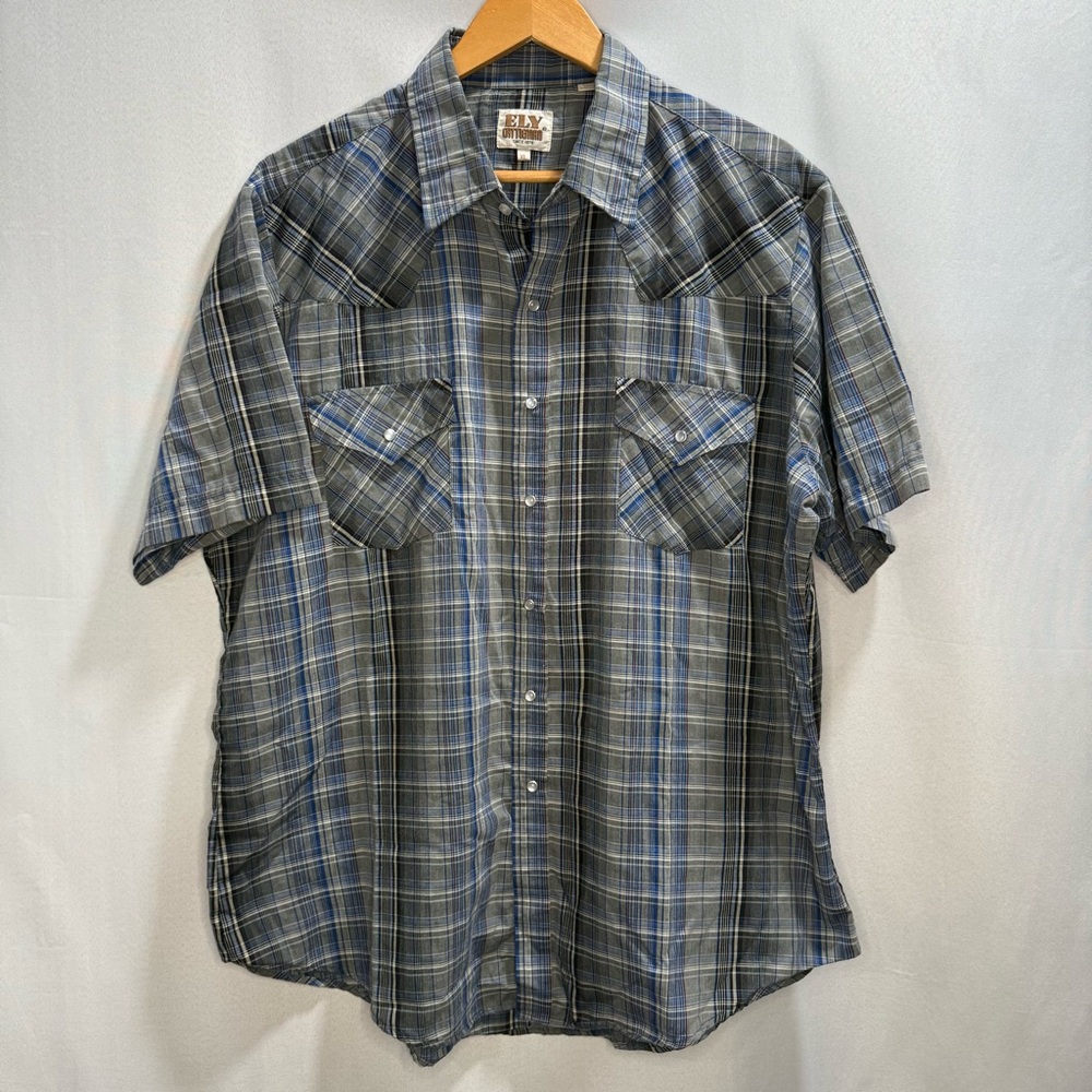 Ely Cattleman Plaid Western Snap Shirt Short Sleeve Blue Gray XL